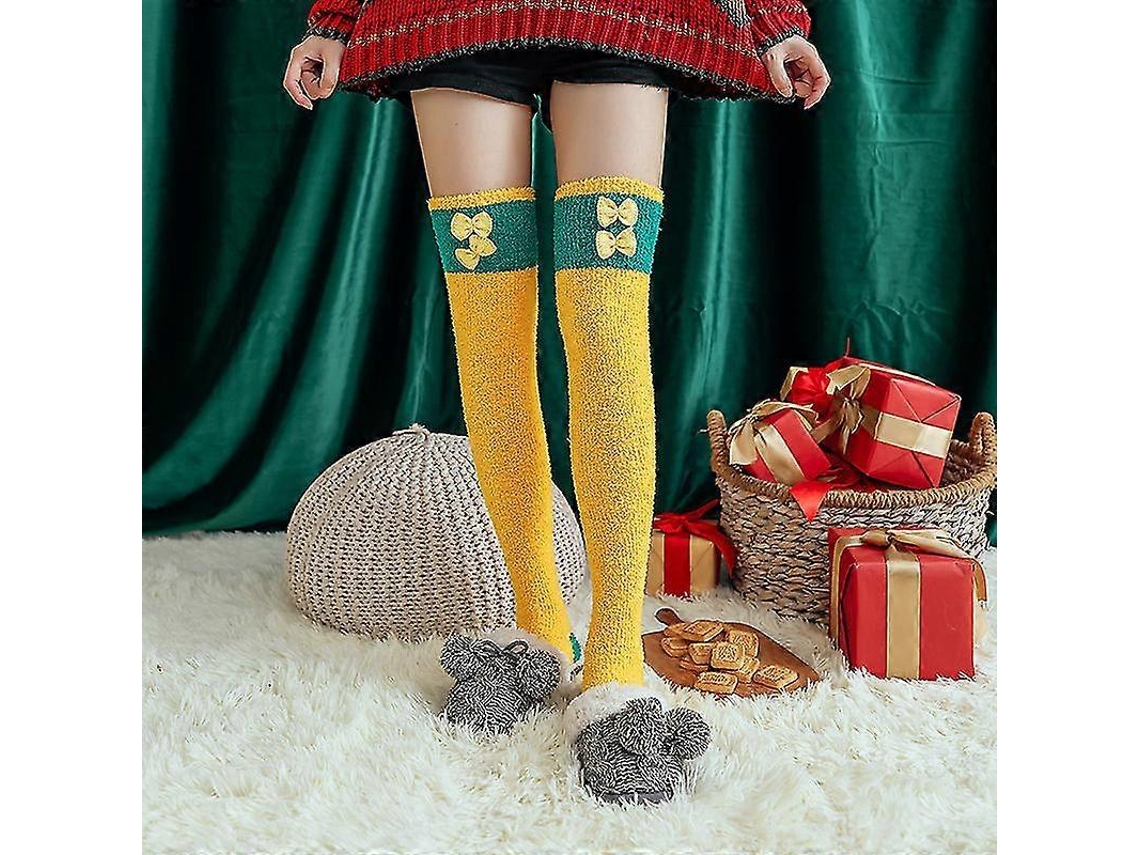 Meias De Lã Coral Macia Até O Joelho, Ideias Para O Inverno, Para Meninas E Mulheres. Meias Listradas Com Estampas De Animais Flufos E Desenhos Animados