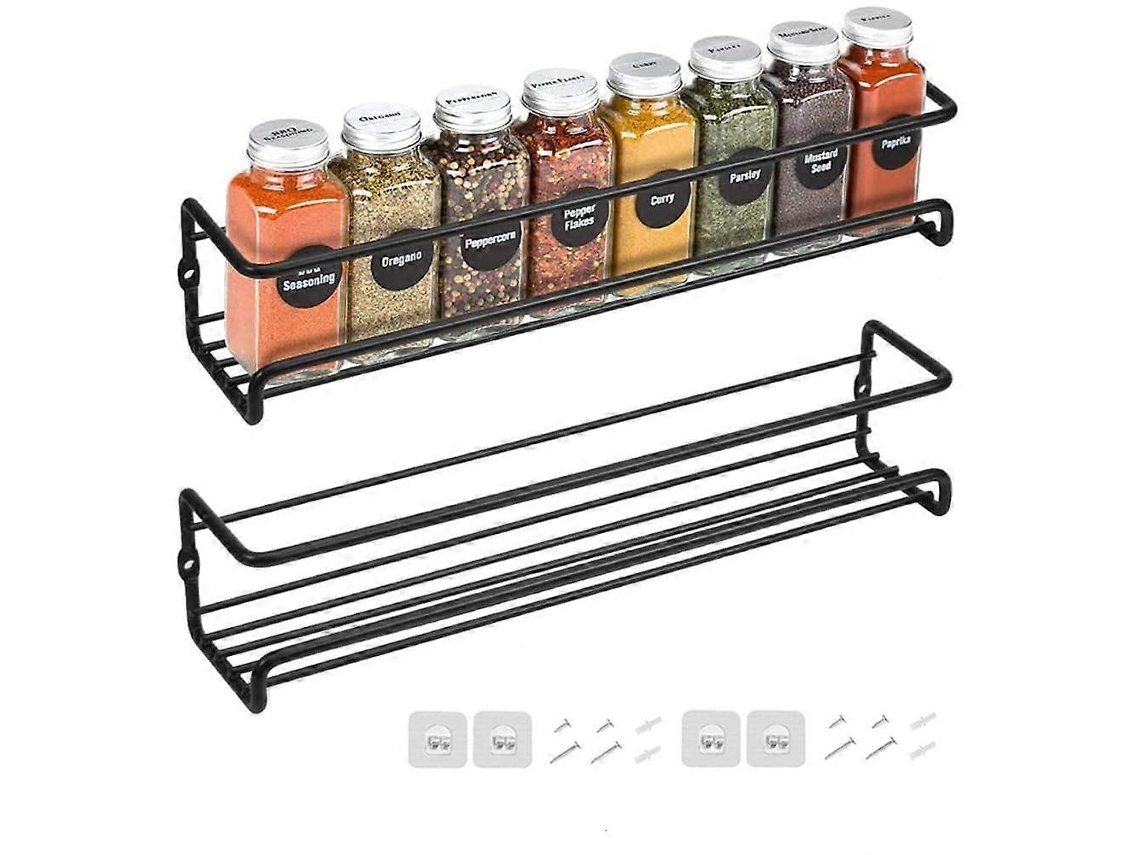 Set de 2 Estantes de Especias de Metal para Pared Con Montaje por Adhesivo o Tornillo Color Negro