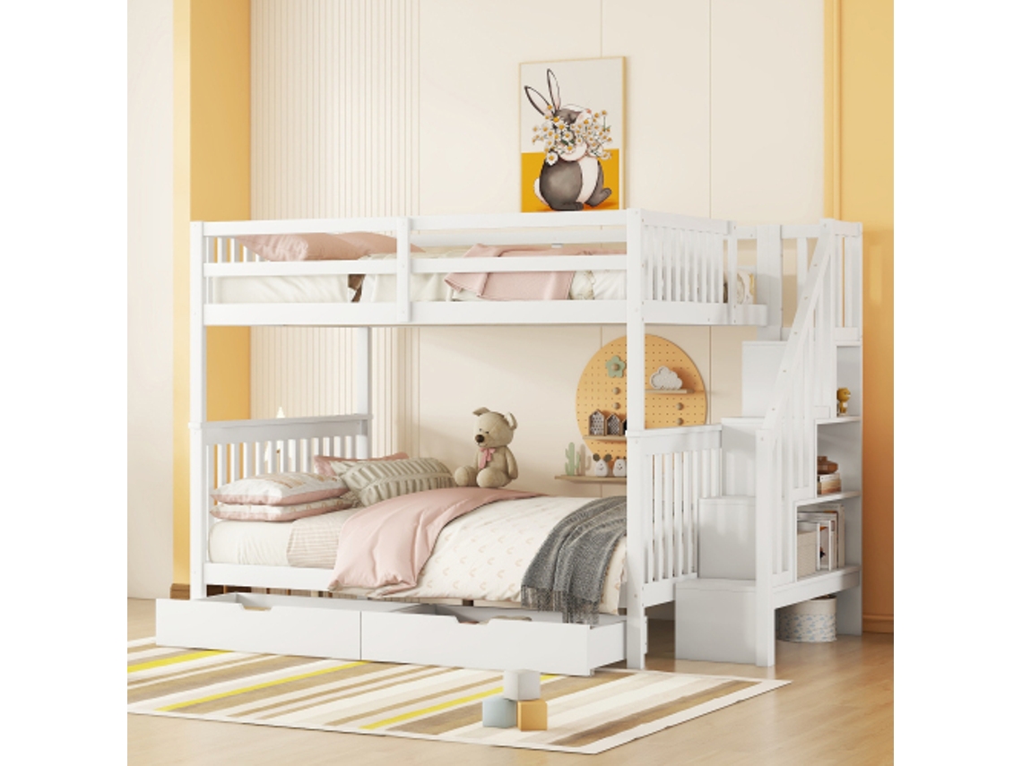 Beliche 140200cm, Prateleira De Escada, Equipado Com Duas Gavetas, Grades Altas, Certificado En747-1, Branco
