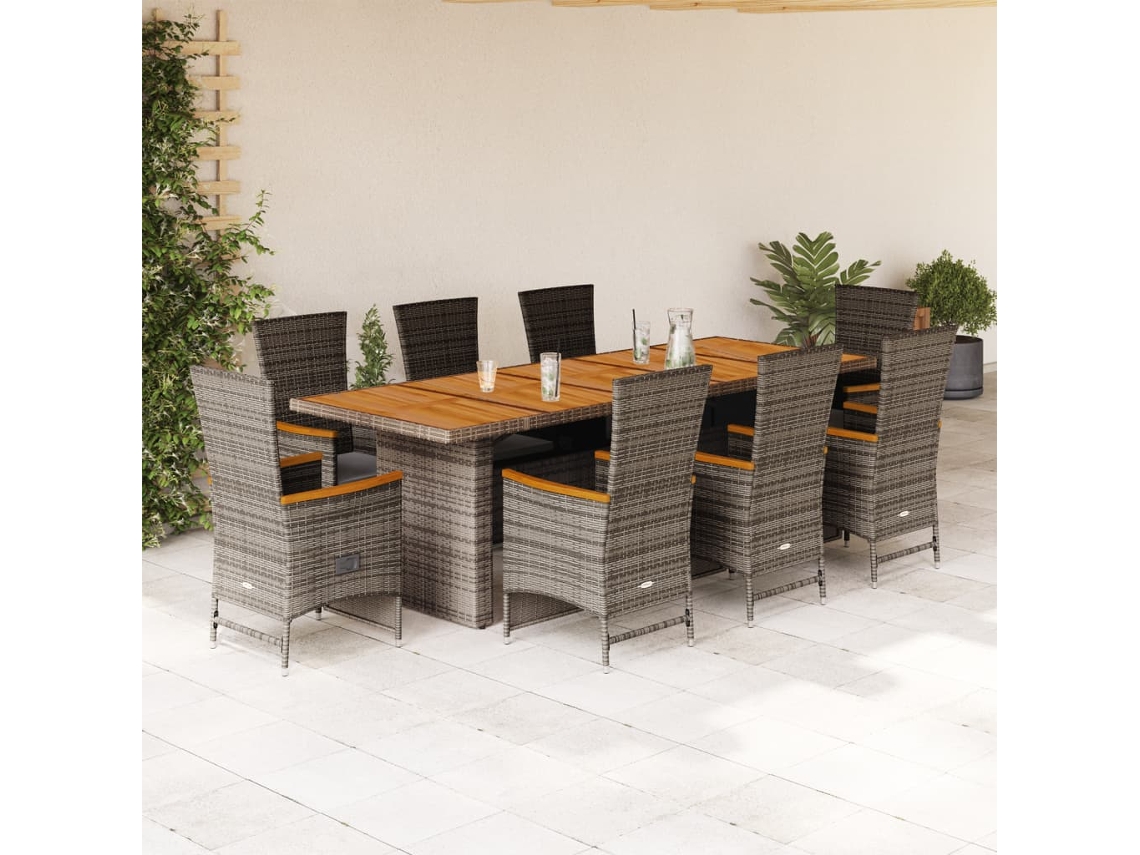 Vidaxl 9 Pcs Conjunto De Jantar P/ Jardim C/ Almofadões Vime Pe Cinza