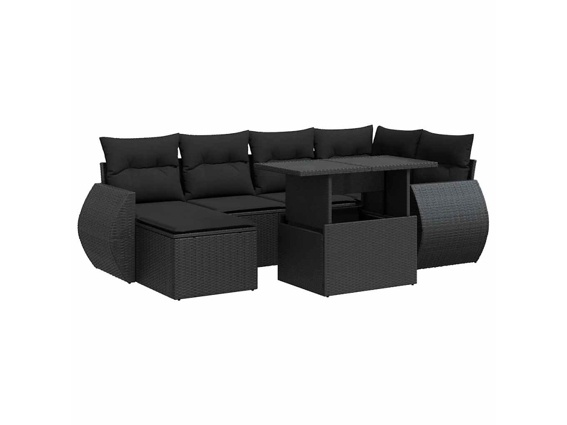 Conjunto de Sofás 7 Peças Jardim com Almofadões Vime Pe Preto MAISON EXCLUSIVE