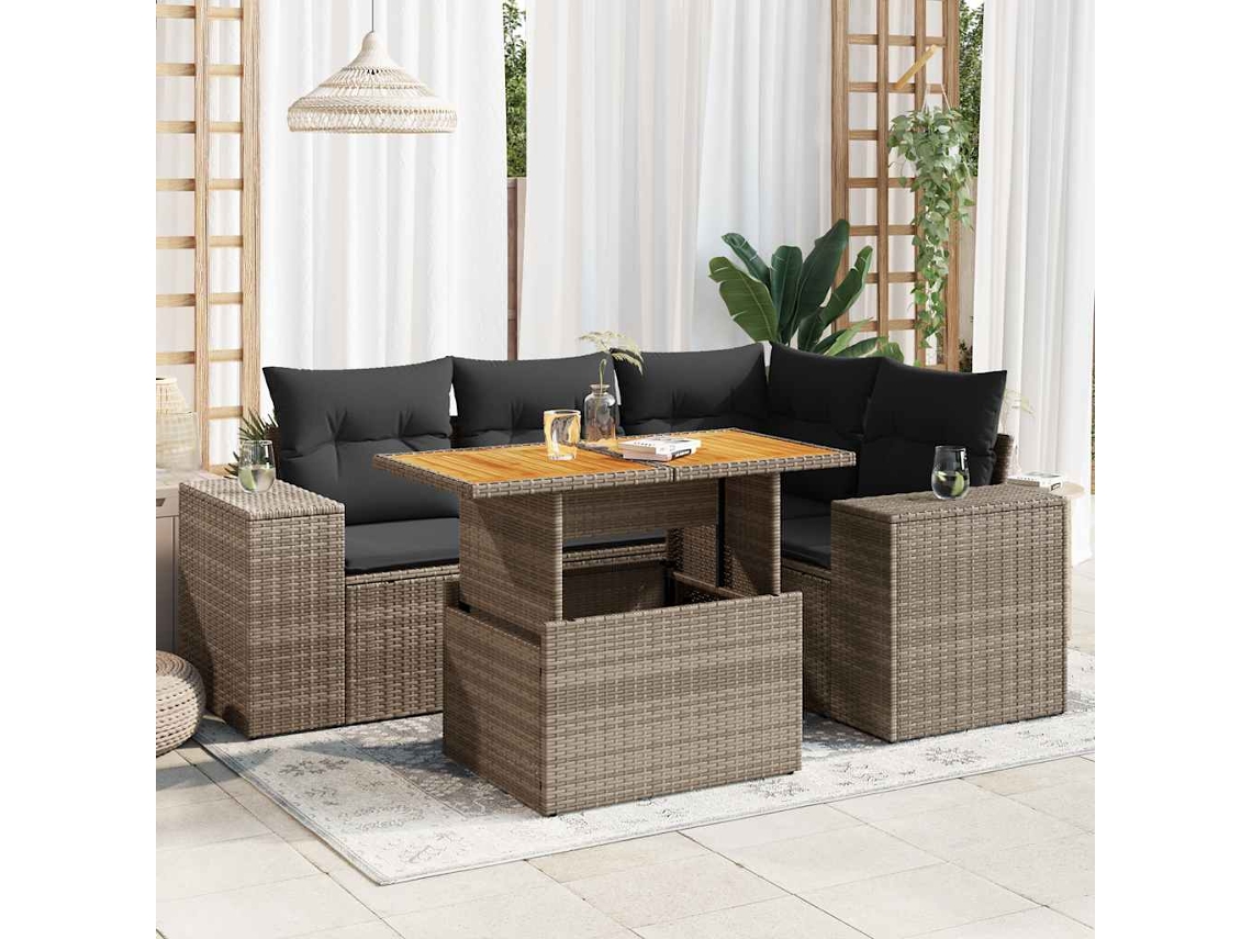 Vidaxl 5 Pcs Conjunto Sofás de Jardim C/ Almofadões Vime Pe Cinzento