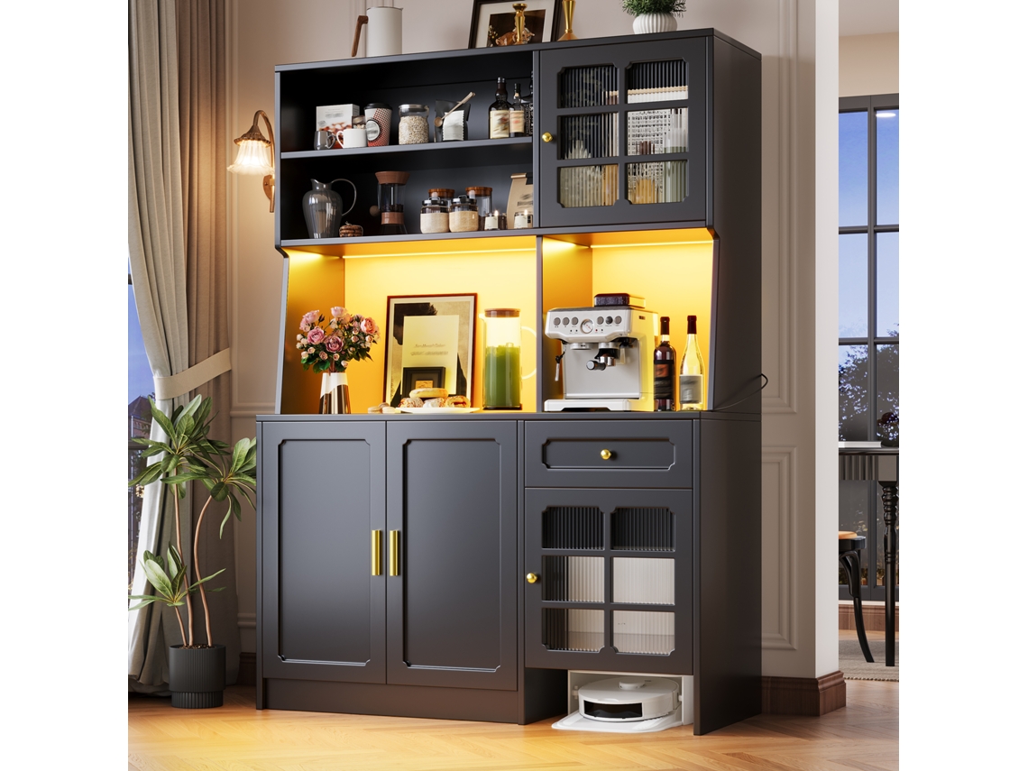 Armário Cozinha 130cm Portas Vidro Led Preto VELTRIX
