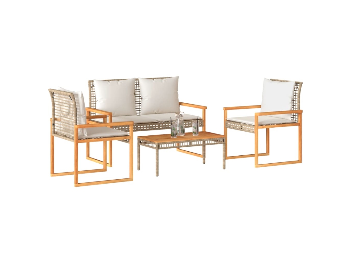 Vidaxl 4 Pcs Conj. Lounge Jardim C/ Almofadões Vime Pe Mistura Beges