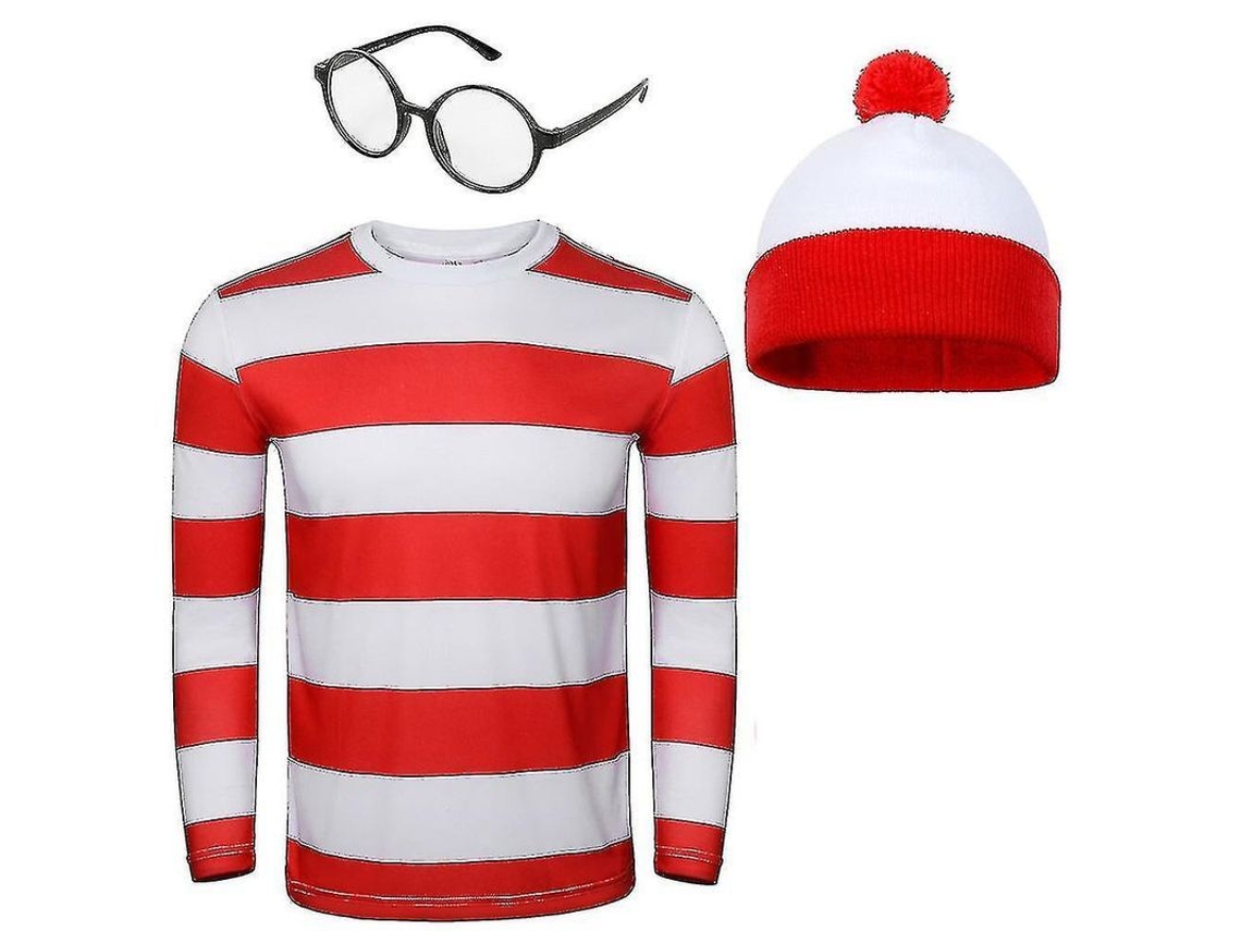 2026 traje de Cosplay Wally para Adultos com Camisa Listrada Vermelha e Branca, Boné e Óculos Conjunto para Halloween e Festas de Fantasia