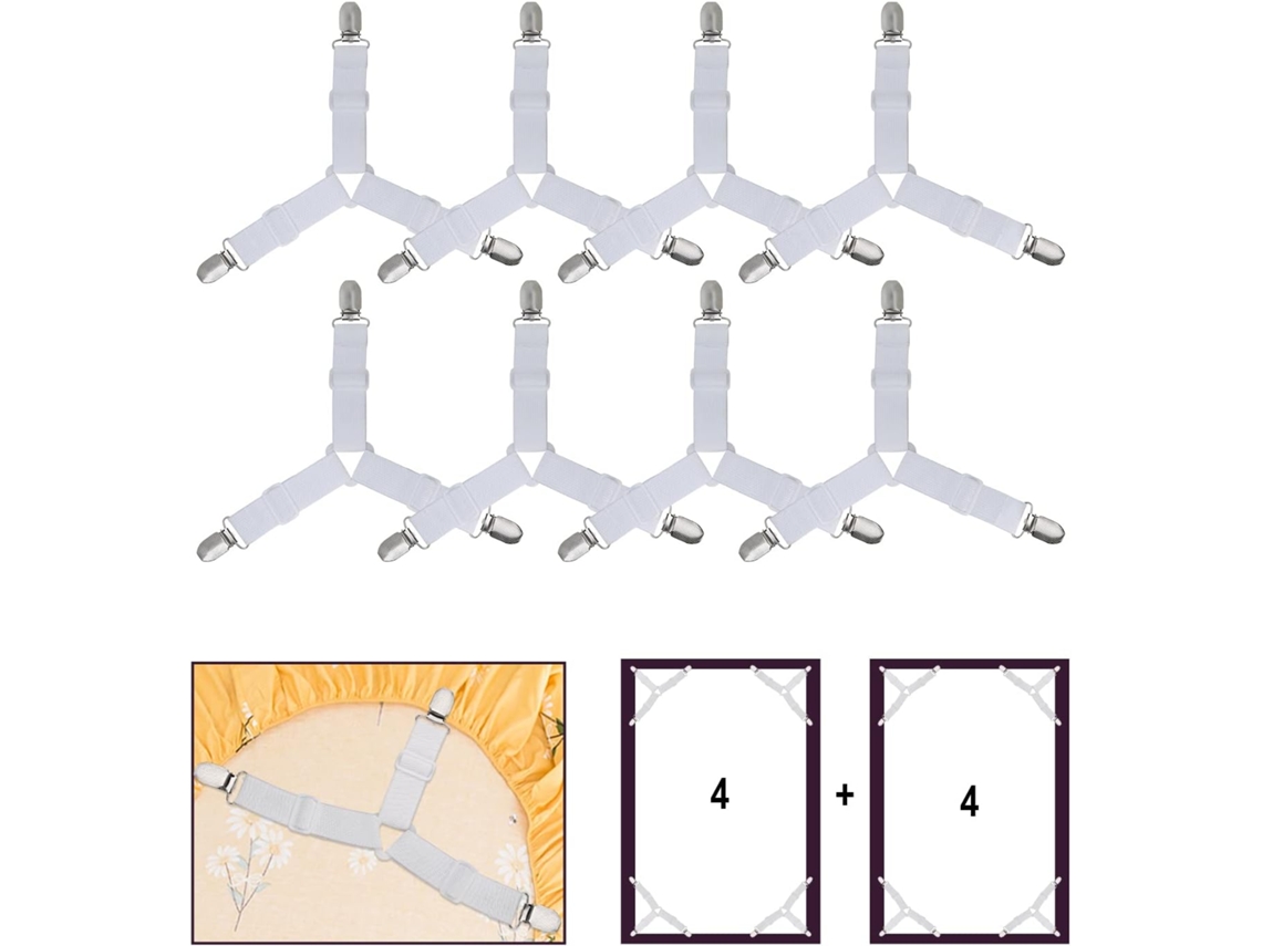 Lurelia Tensores Para Lençol Ajustável Elástico Triângulo Resistente 8 Peças Metal Plástico Branco Edredom Colcha Colchão