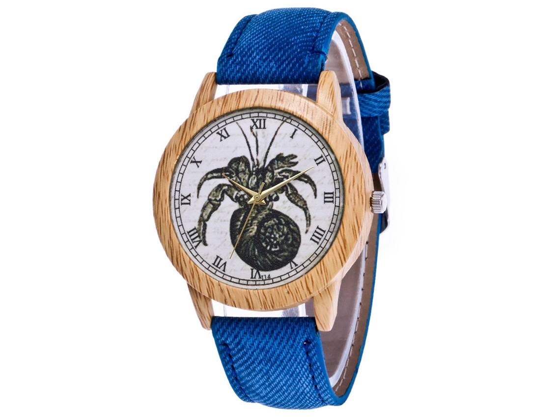 Relógio de casal Zhoulianfa com estampa de caranguejo vintage, quartzo azul e aço.