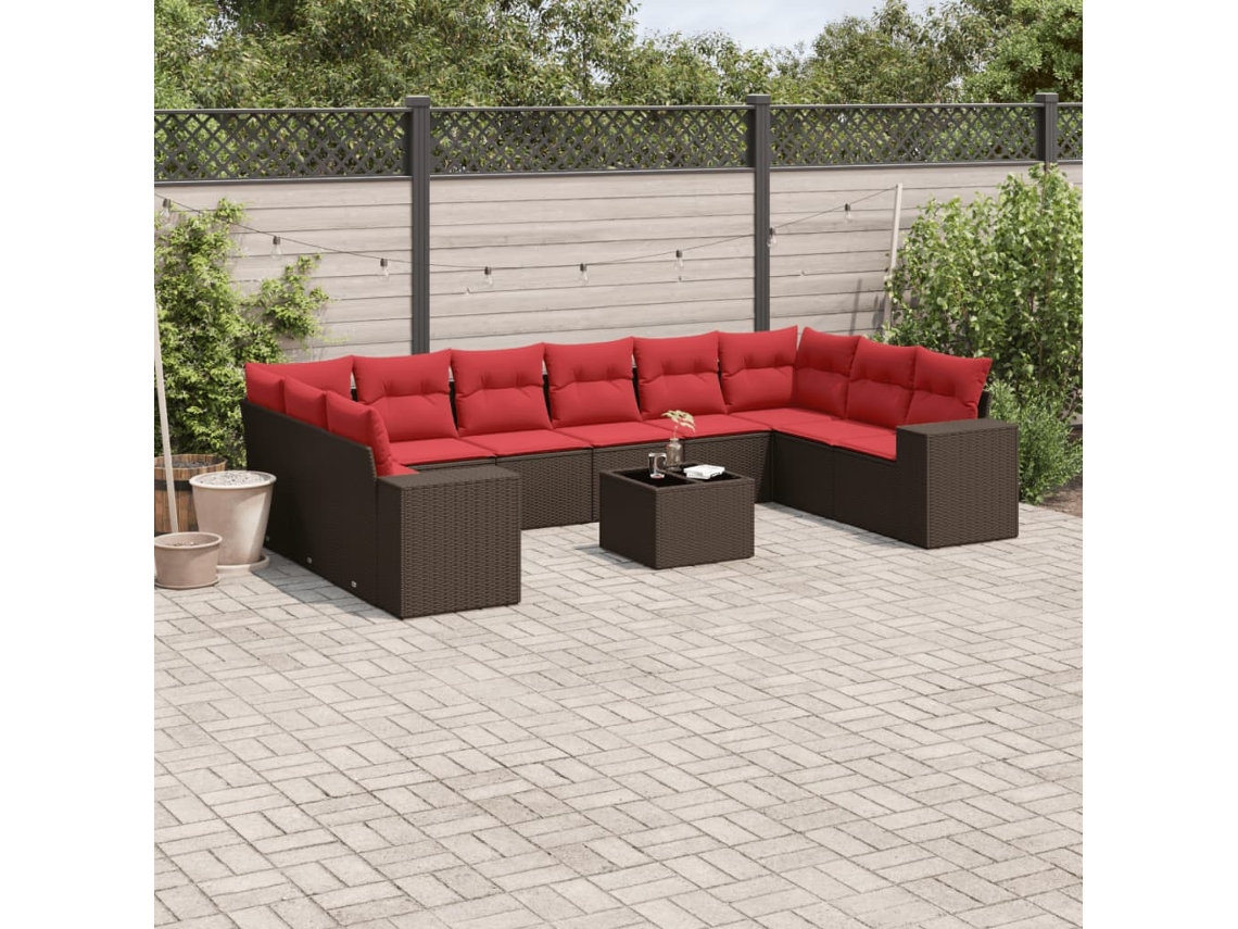 Vidaxl Conjunto De Sofá De Jardim Com 11 Peças E Almofadas Em Rattan Sintético Marrom
