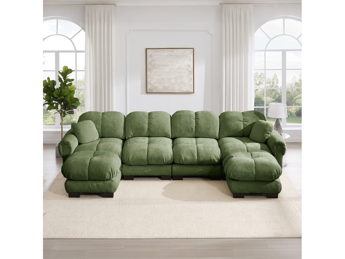 Sofá Modular De Canto U, Tecido Chenille, 4 Lugares, Design Acolchoado, Verde