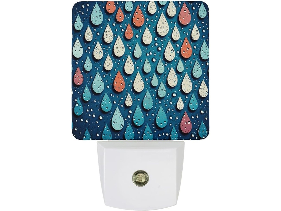 Luminária noturna de LED com estampa de gotas d'água e pontos, sensor crepuscular, para uso na parede.
