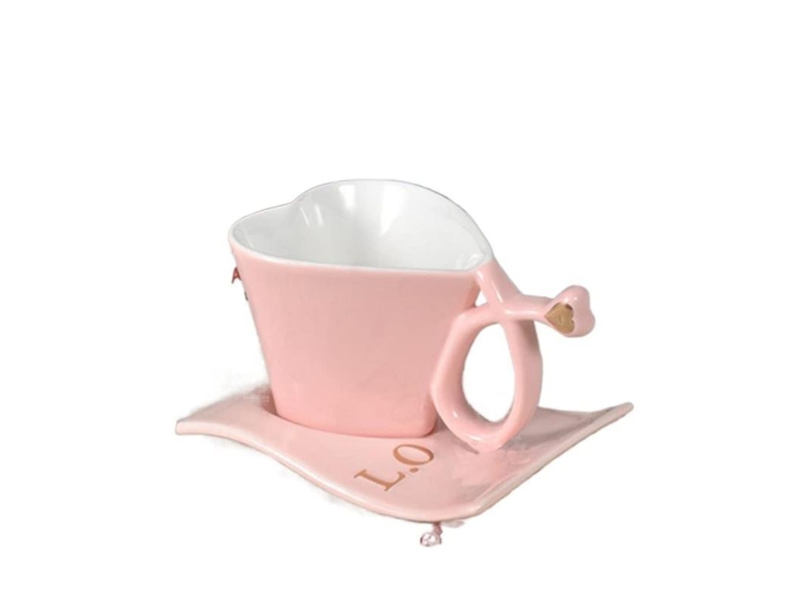 Rebe-Coffee Cup Heart Shape Criativa Love Reutilizável Com Prato E Colher Rosa