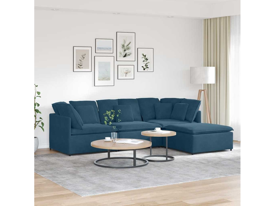 Vidaxl Sofá Modular Com Pufes E Almofadas Veludo Azul