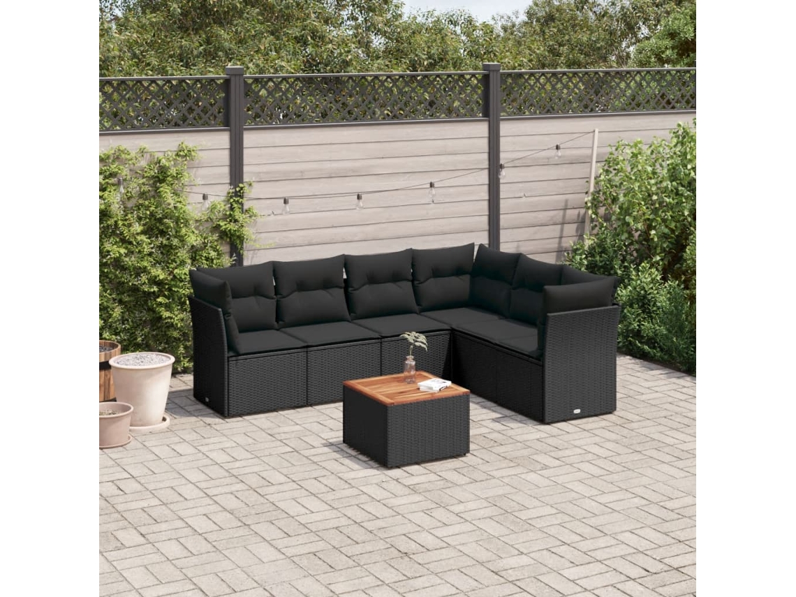 Vidaxl 7 Pcs Conjunto de Sofás P/ Jardim C/ Almofadões Vime Pe Preto