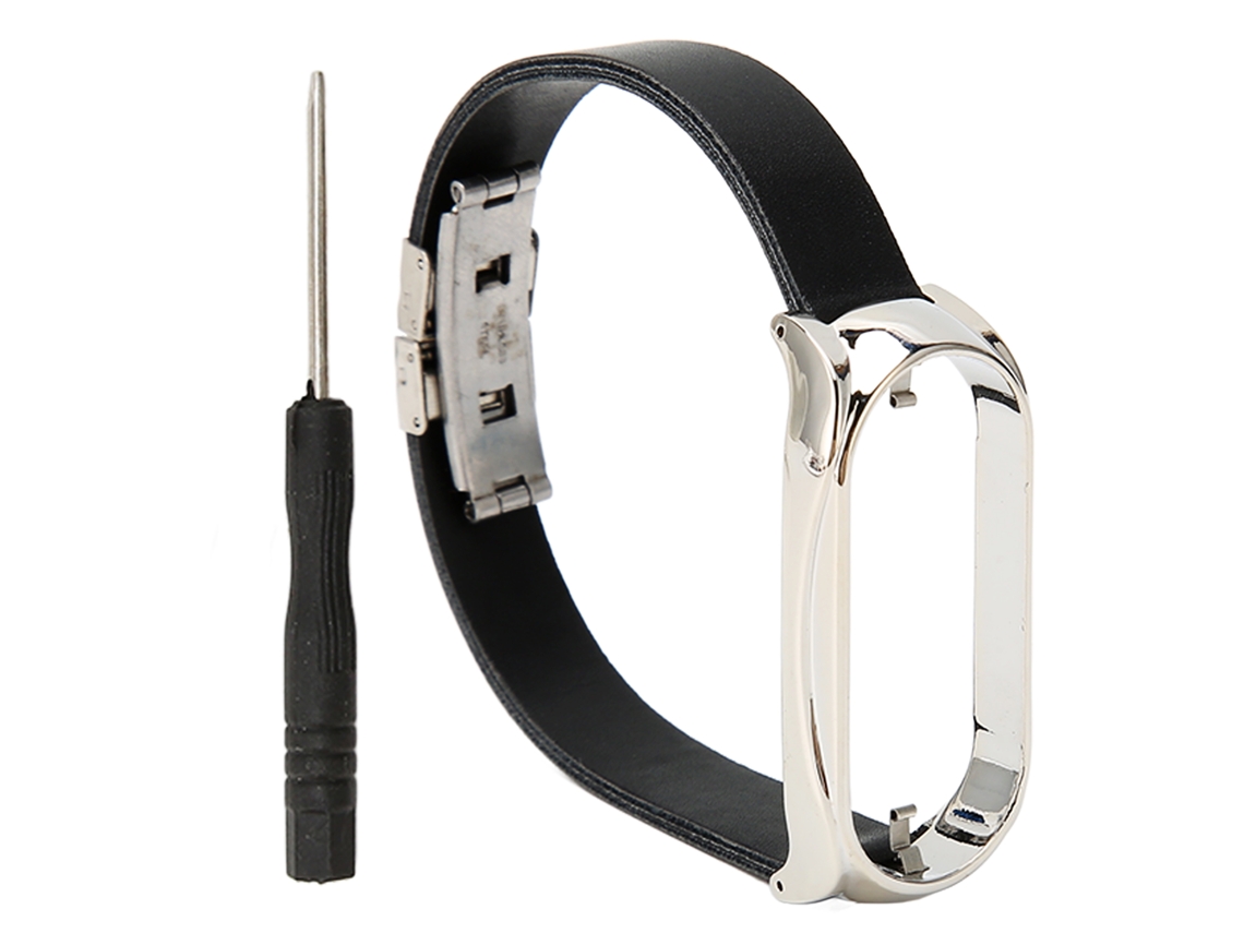 Pulseira de Couro Pu com Capa Protetora para Mi Band 7 Aço Inoxidável Preto e Prata