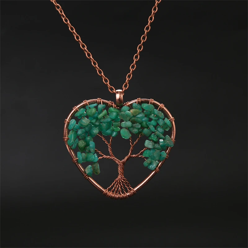 Colar com Pingente de Coração em Cristal de Amazonita para Cura Dos Chakras, com a Árvore da Vida. MDUG