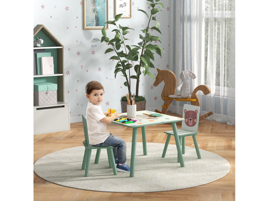 Conjunto De Mesa E Cadeiras 3 Peças Para Crianças 3-8 Anos Em Mdf Madeira Pinho, Verde