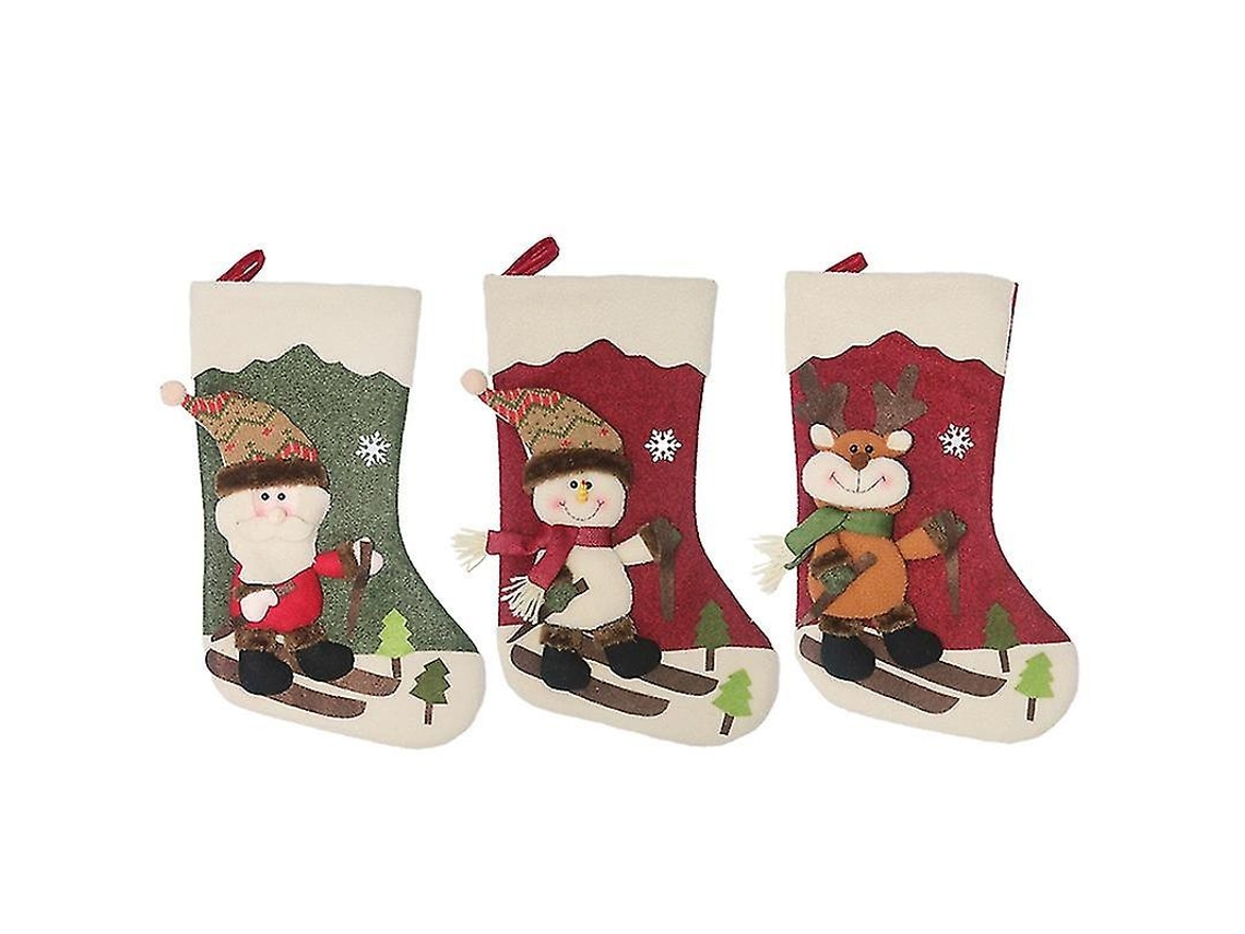3 Meias De Natal, Grande Saco De Presente De Natal, Meias De Natal Penduradas Com Papai Noel E Rédeas Olysi Shop