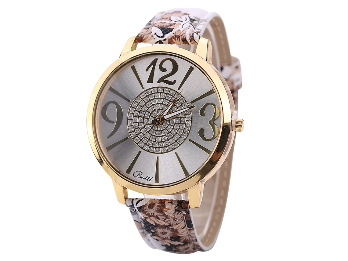 Relógio de Pulso Feminino com Pulseira de Pu e Mostrador Grande Estampa Floral Marrom