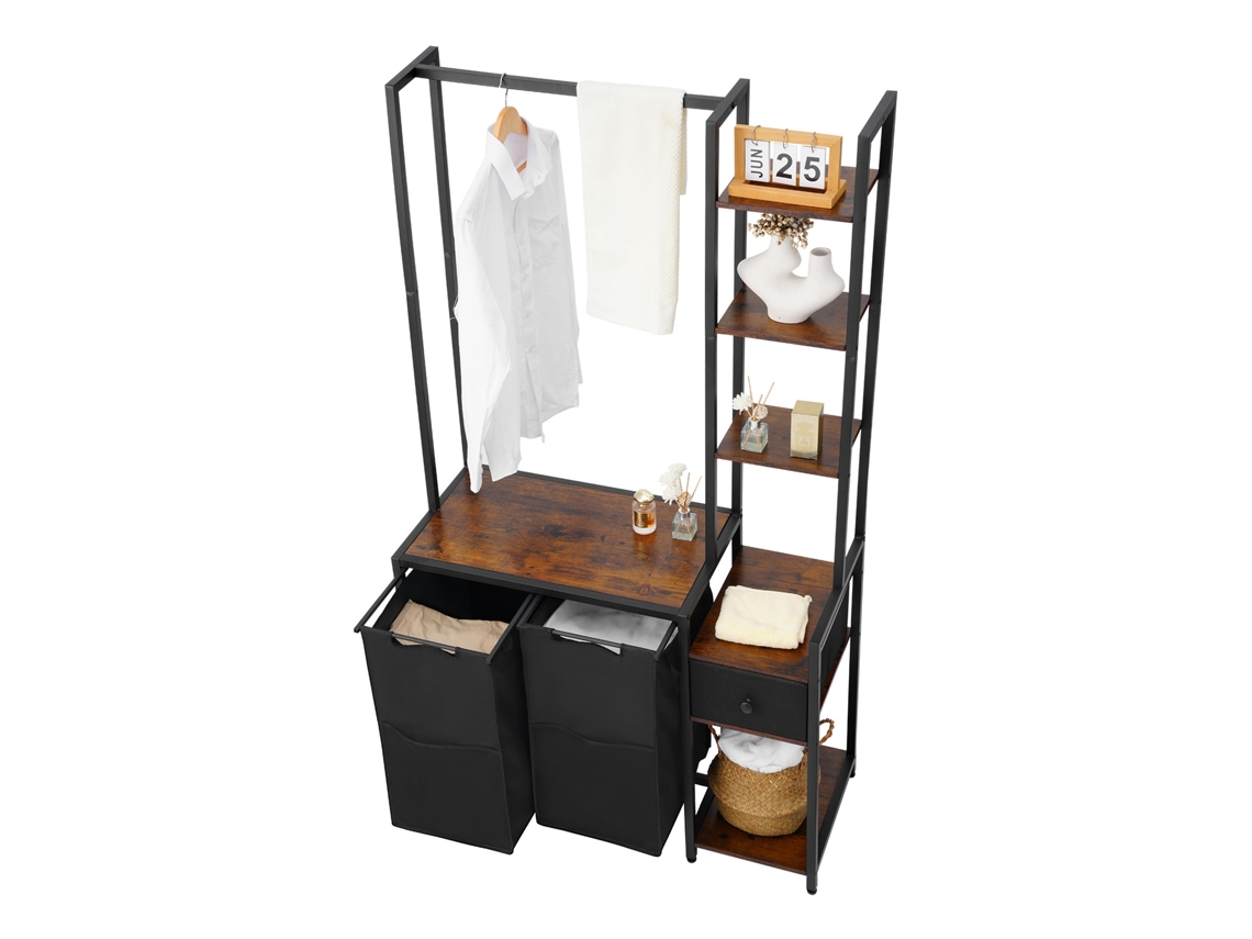 Cesto para Roupa com 2 Compartimentos de Tecido Oxford 600d e 1 Gaveta, Coletor Roupas Prateleiras Escada, Separador Roupas, Sistema Classificação