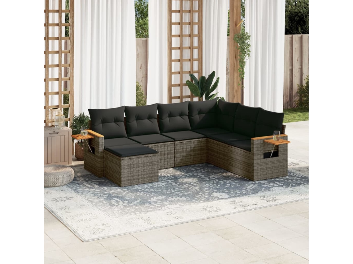 Jogo 7 Peças Sofás P/ Jardim C/ Almofadões Vime Pe Cinza Dkd Home Decor