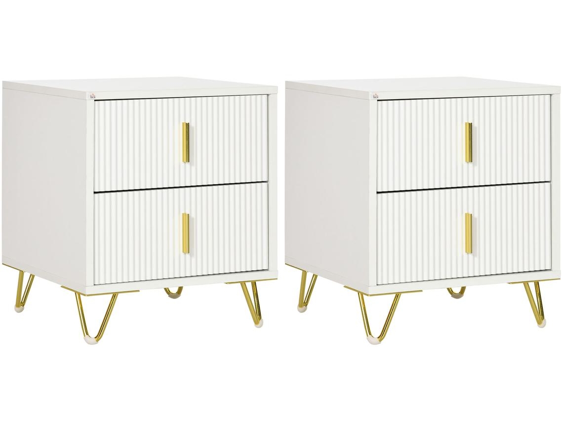 Conjunto de Mesa de Cabeceira Melamina de Madeira, Mdf e Aço; Cor Branco e Dourado 40x40x47 cm Homcom
