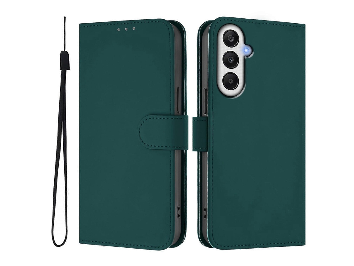 Capa Carteira De Couro Para Samsung Galaxy S24 Fe, Cor Sólida, Com Alça, Verde Escuro