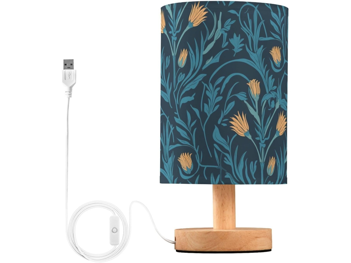 Luminária de cabeceira vintage com USB e estampa floral azul e branca, ideal para mesa de cabeceira infantil.