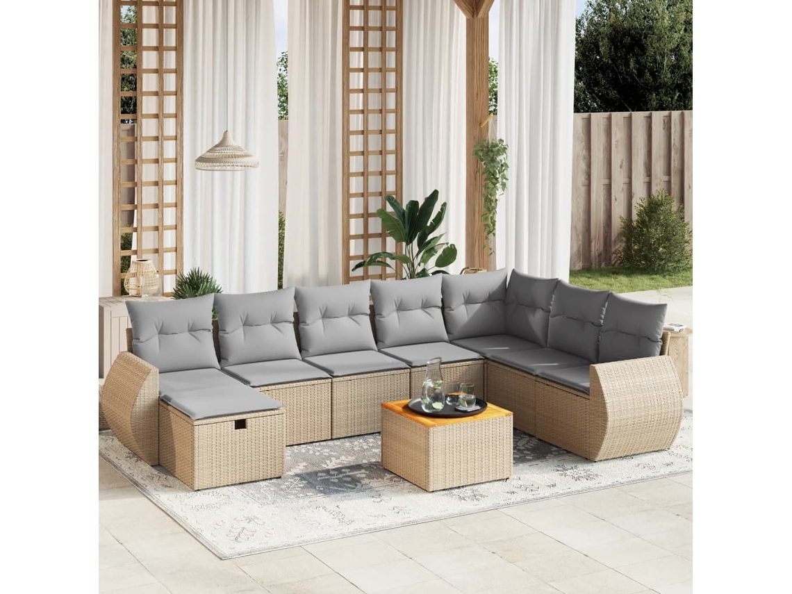 Vidaxl 9 Pcs Conj. Sofás Jardim C/ Almofadões Vime Pe Bege Misturado