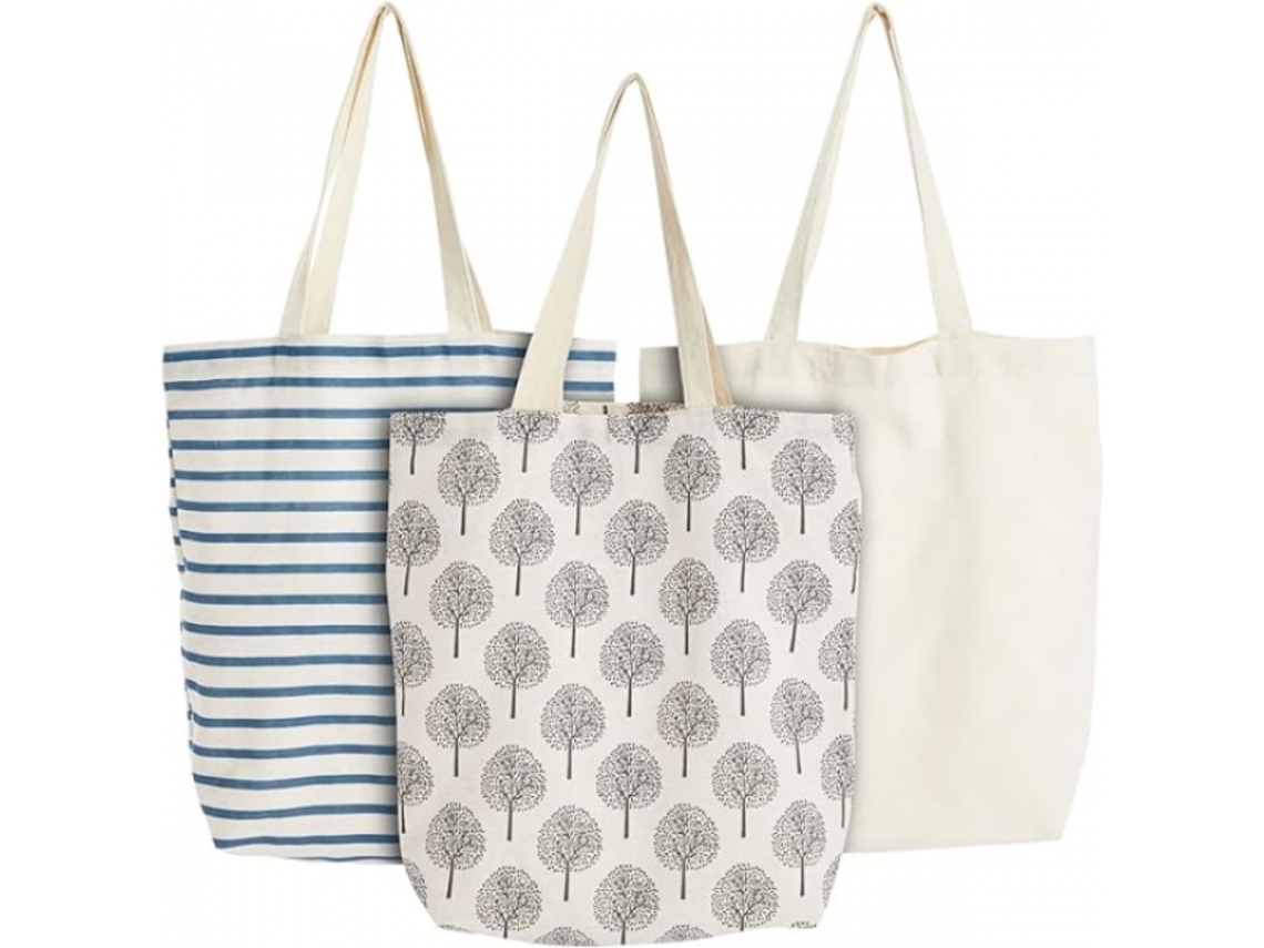 Sacolas De Compras De Algodão (pacote Com 3) - Sacolas De Tecido Resistente Com Alças -