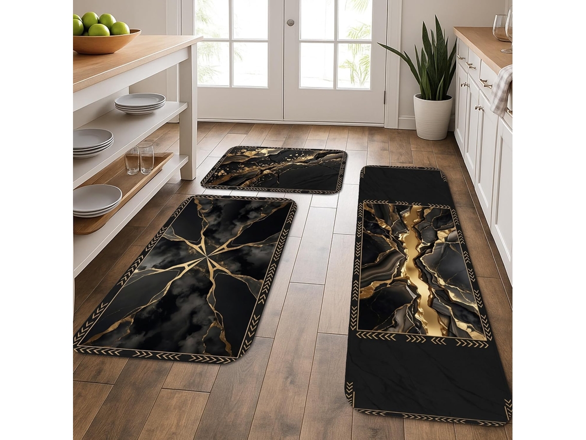 Tapetes de cozinha elegantes em tons de marrom e dourado, com estampa de mármore sólido, acolchoados e perfeitos para áreas externas.