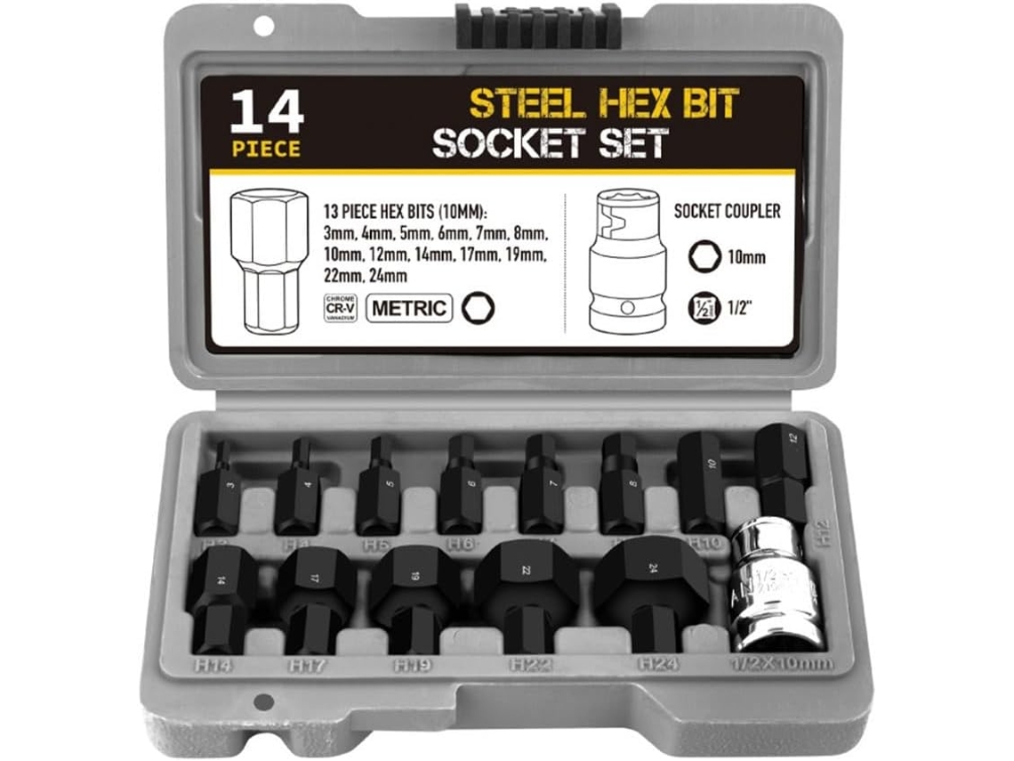 Conjunto De 14 Soquetes Hexagonais De 3 A 24 Mm Para Chave Dinamométrica E Chave De Catraca.
