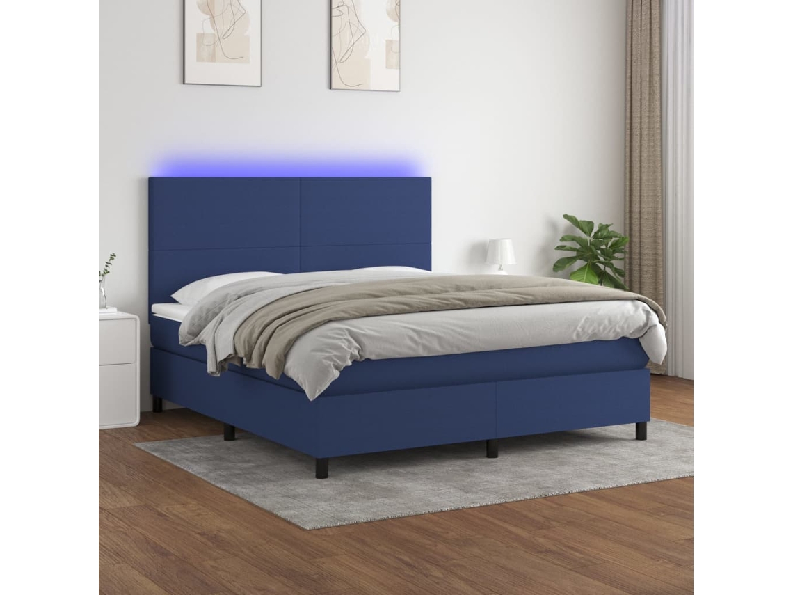 Vidaxl Cama Box Spring C/ Colchão E Led 160x200 Cm Tecido Azul