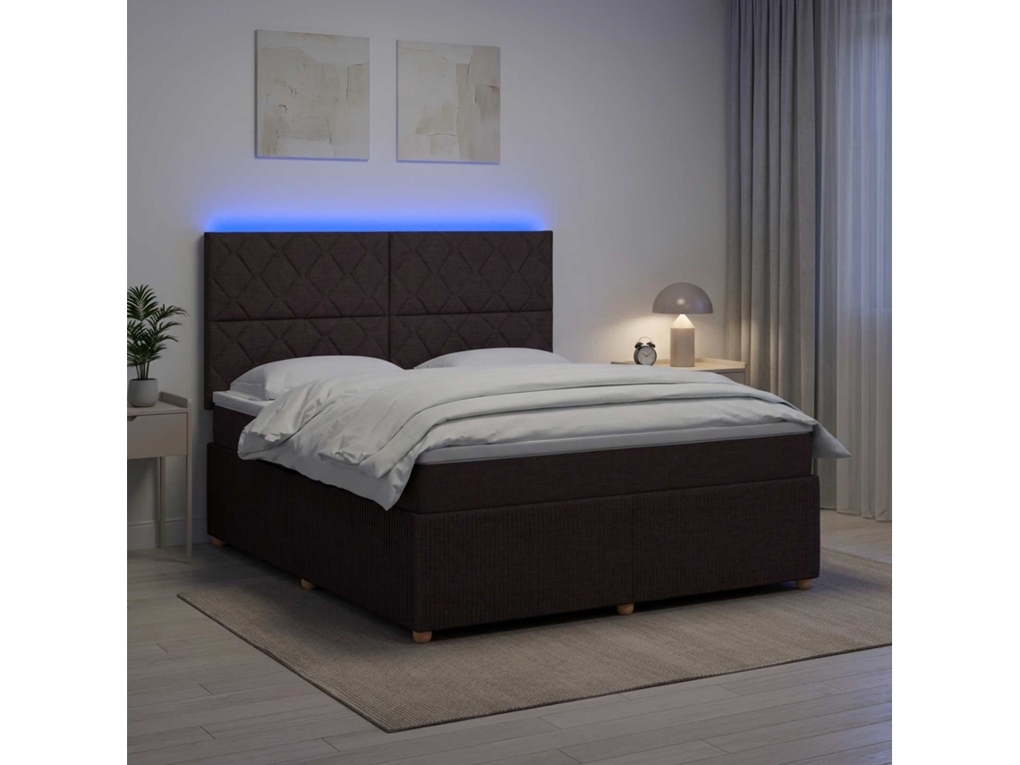 Vidaxl Cama Box Com Led E Colchão Marrom Escuro 180 X 200 Cm Tecido