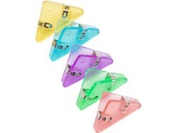 Conjunto de 5 clipes de papel com bordas triangulares, ideais para organizar arquivos e organizar pastas de até 50 folhas, perfeitos para uso escolar.