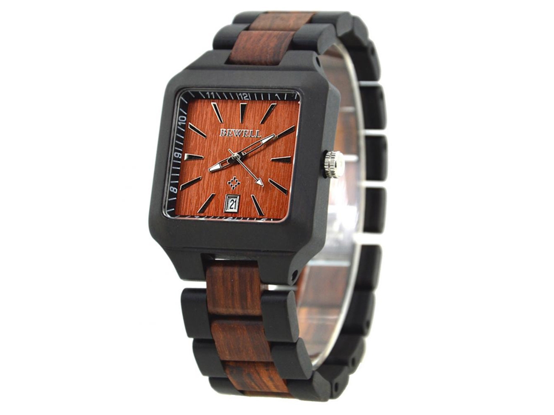 Reloj De Piedra De Sándalo Analógico Cuarzo Con Fecha Impermeable Negro Y Rojo