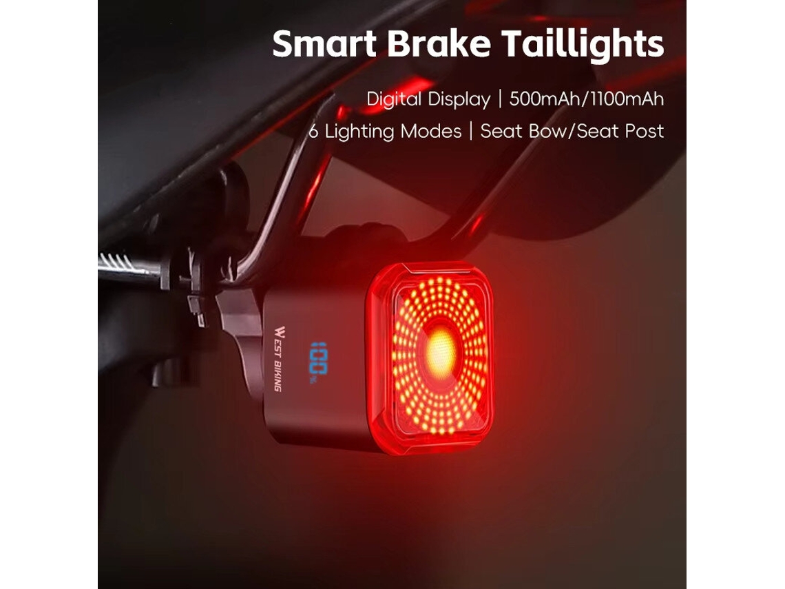 West Biking Lanterna Traseira Inteligente Bicicleta Ativação Freio Display Digital Led Parada Auto Tipo-c 1100mah Longa Duração Mtb Estrada Scooter