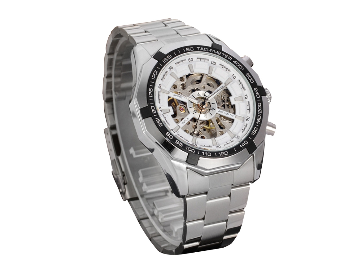 Reloj Mecánico Automático Hollow Impermeable Para Hombre Con Correa De Acero Inoxidable (blanco)