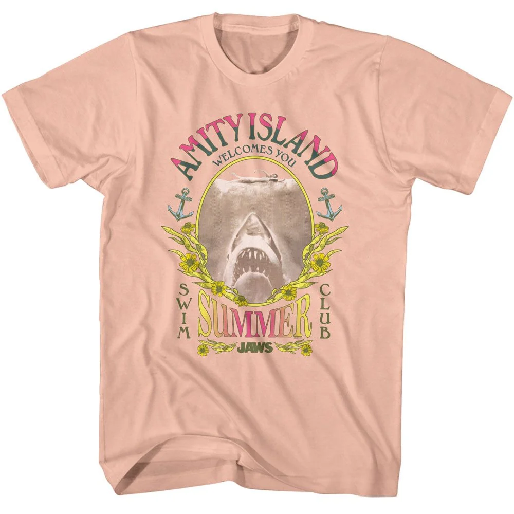 Rockinstone Jaws Movie Summer Swim Club Solid Peach Adult T-shirt Size:xxxl