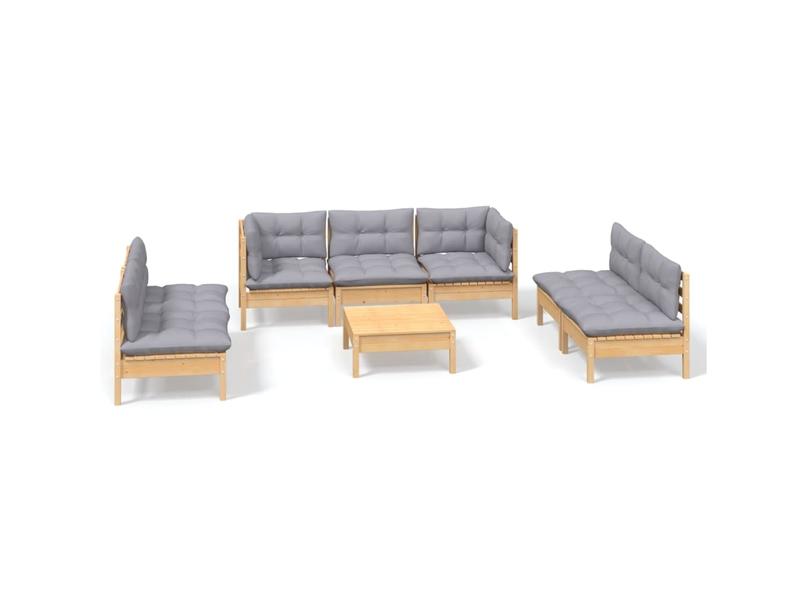 Conjunto de 8 Lounge de Jardim com Almofadões Cinza Pinho Maciço MAISON EXCLUSIVE