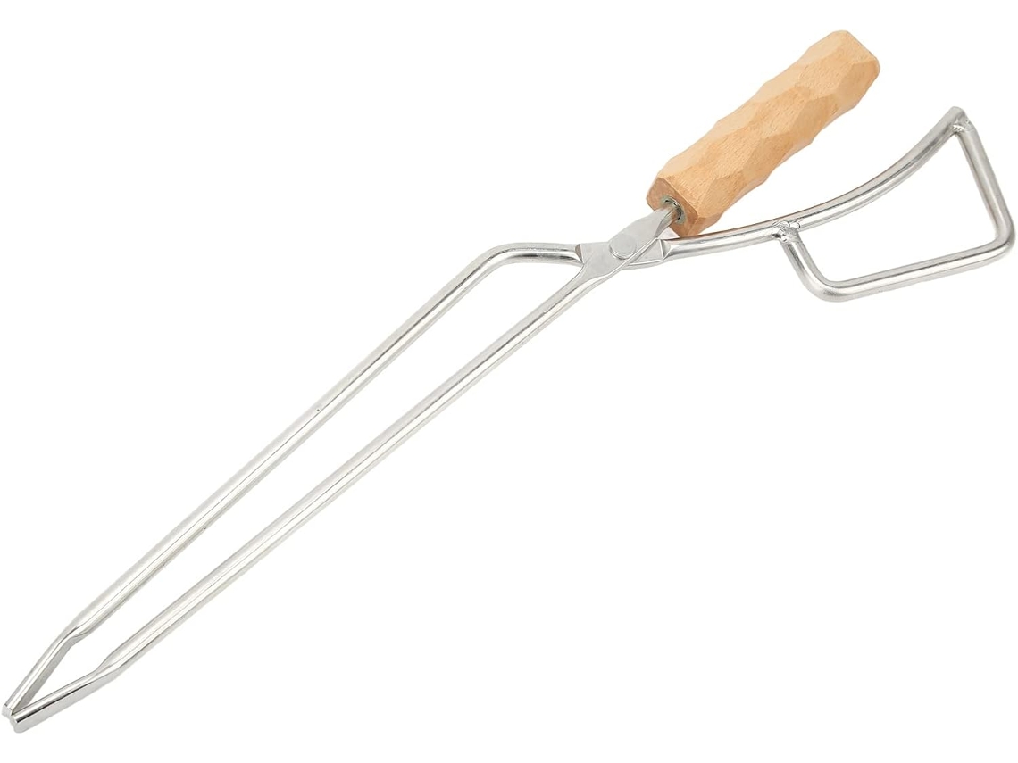 Pinça Para Lenha Em Aço Inoxidável Com Cabo Grosso De Madeira Faia, Ideal Para Churrasco E Uso Externo, 16, 3x 11, 4cm