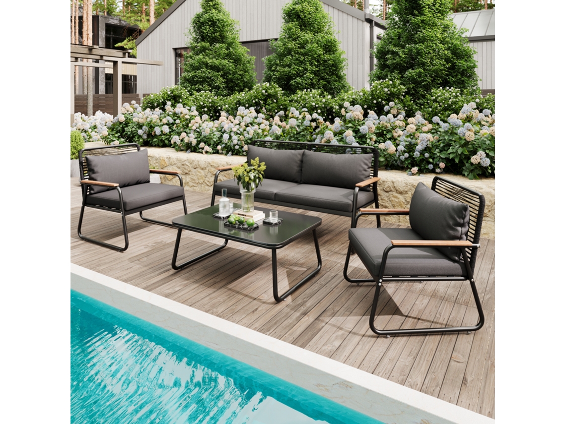 Conjunto De Jardim Compacto Para 4 Pessoas, Sofá E Mesa De Vidro Em Ferro Galvanizado, Pés Reguláveis E Almofadas, Cor Preta Moderna