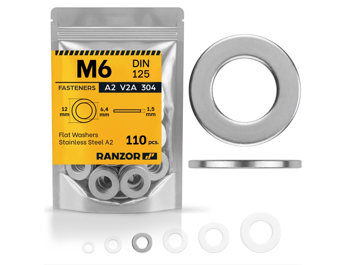Anilha Plana Inox A2 Din 125 M6 (110 Un.) Ranzor | Flat Washer Stainless Steel Aisi 304