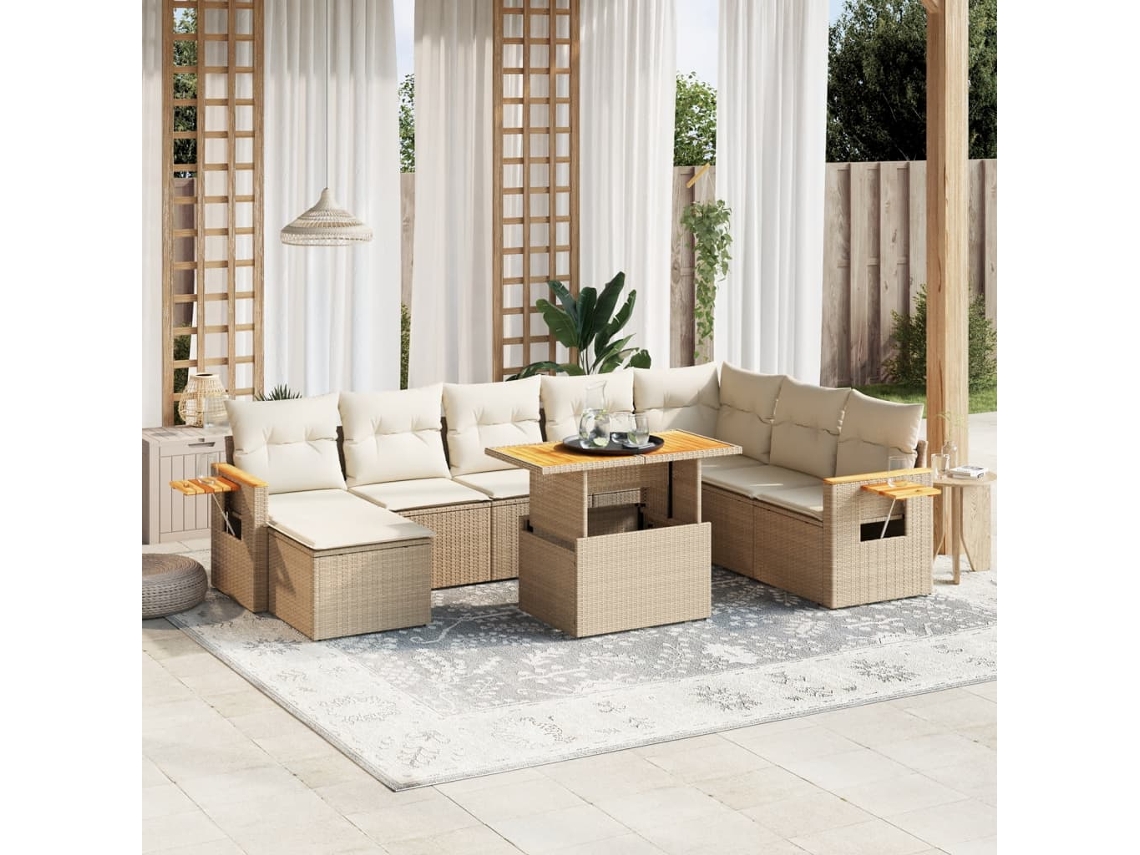Vidaxl 9 Pcs Conjunto De Sofás P/ Jardim Com Almofadões Vime Pe Bege