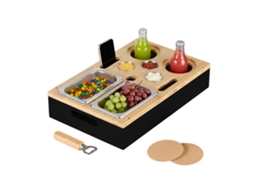 Relaxdays Couchbar, Bambu, 2 Tigelas Para Snacks, 3 Tigelas Para Dips, Inox, Suporte Para Bebidas, Sofá Bar, Preto/nat.