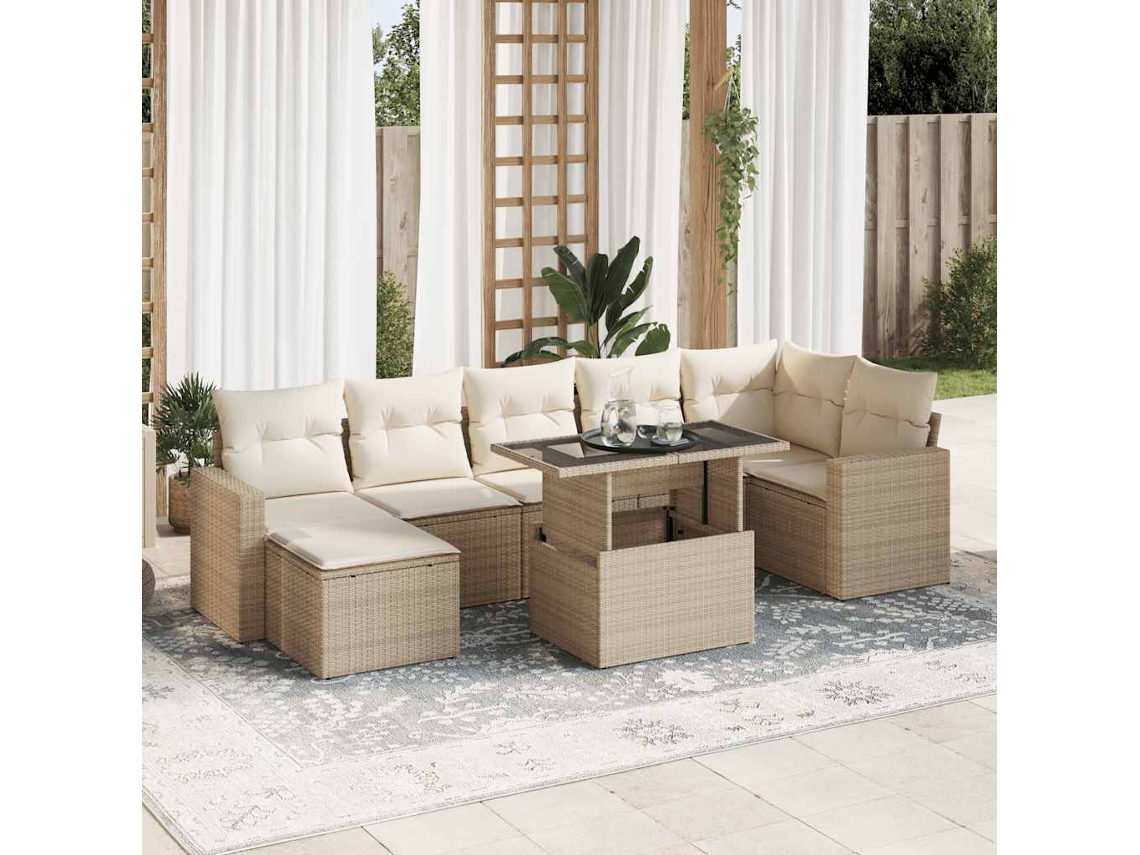 Vidaxl 8 Pcs Conjunto De Sofás P/ Jardim Com Almofadões Vime Pe Bege