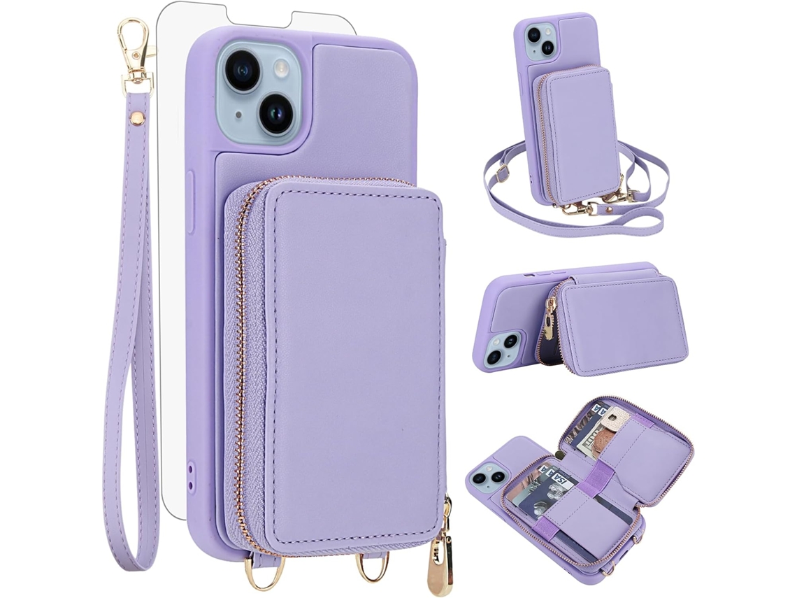 Capa Carteira Para Celular Em Couro Pu+tpu Com Protetor De Tela Para Iphone 14 Pro (6,1 Polegadas) - Roxa