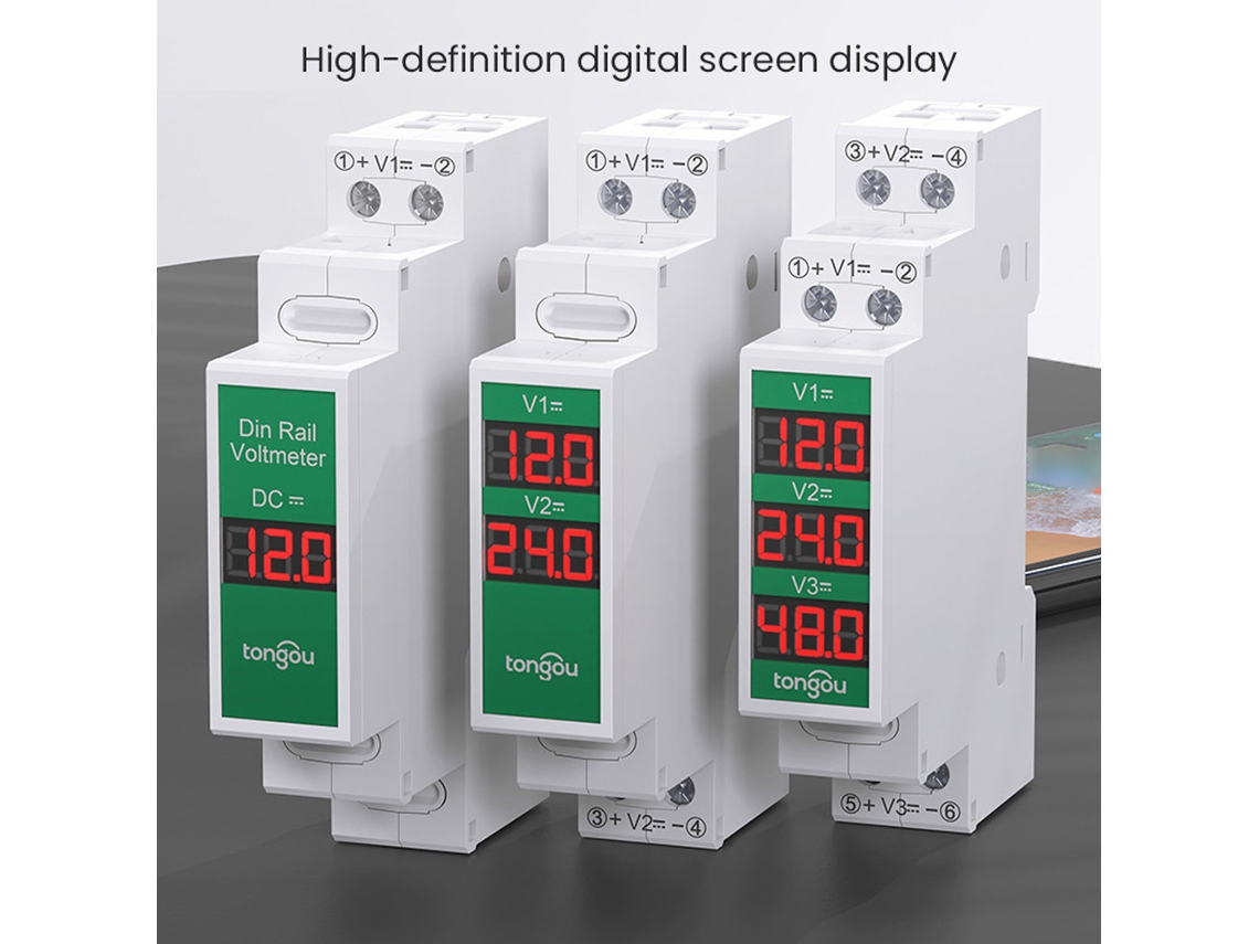 Voltímetro digital LED para trilho DIN, compacto, com detector de tensão | S/MARCA