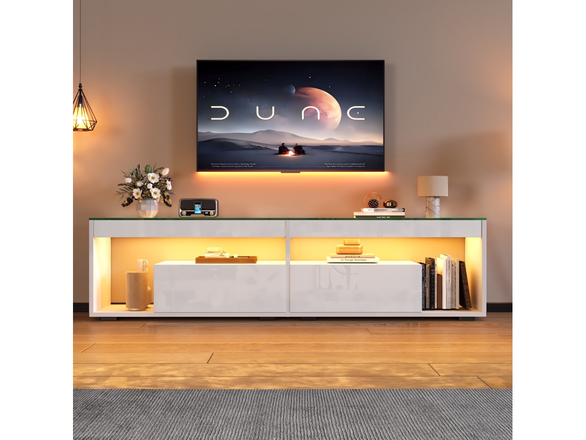 Móvel Para Tv Branco De Alto Brilho Com Led, 180 X 40 X 46 Cm, 2 Gavetas, Vidro Temperado, Até 70 Polegadas