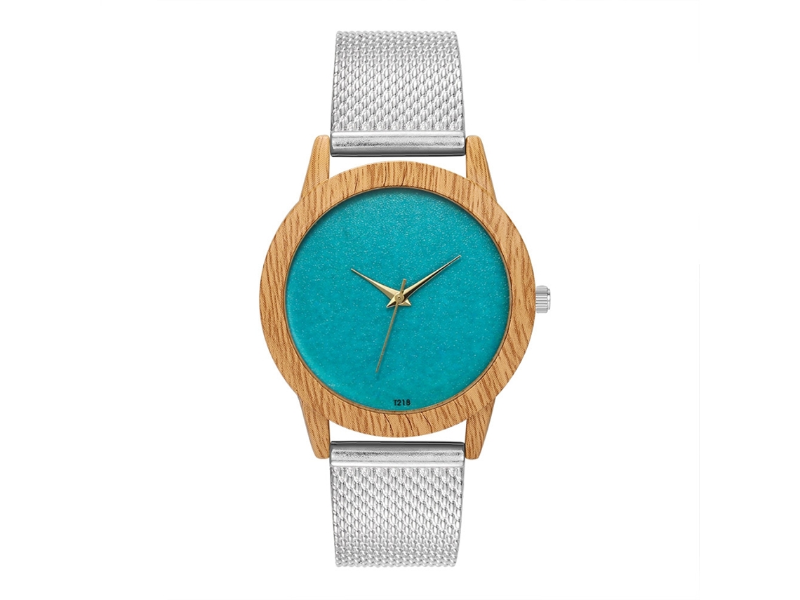 Relógio de pulso analógico de quartzo com pulseira de malha verde de luxo para mulheres e homens, prateado.