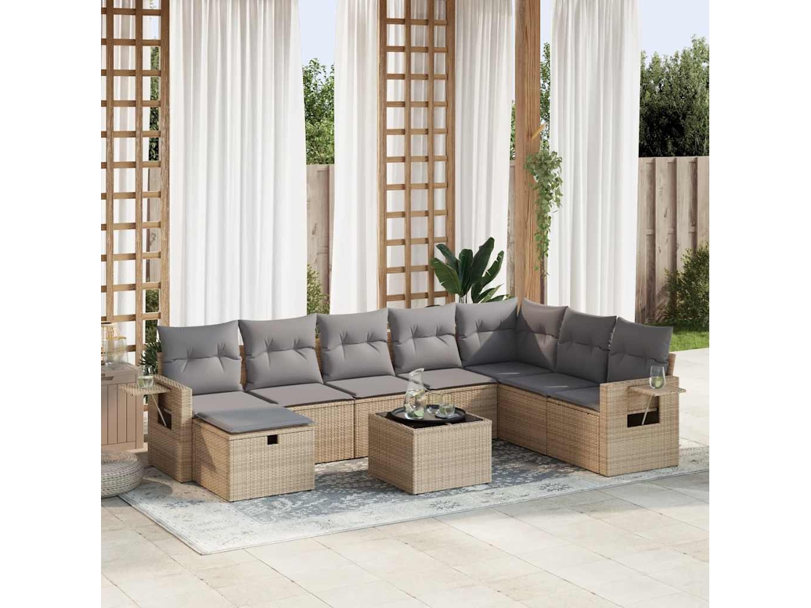 Vidaxl 9 Pcs Conjunto De Sofás P/ Jardim Com Almofadões Vime Pe Bege